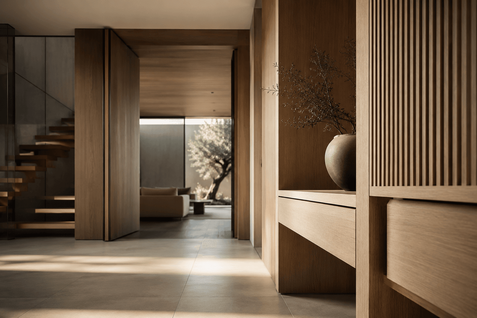 Intérieur en bois sur mesure — habillage, escalier et agencement réalisés par Menuiserie Beirouti