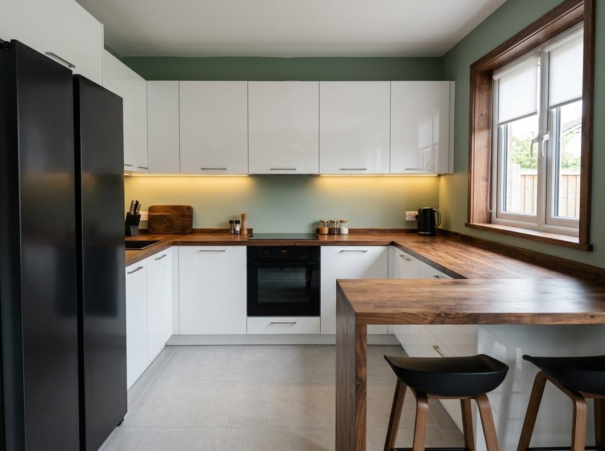 Visualisation : cuisine blanche, murs vert sauge et plan noyer