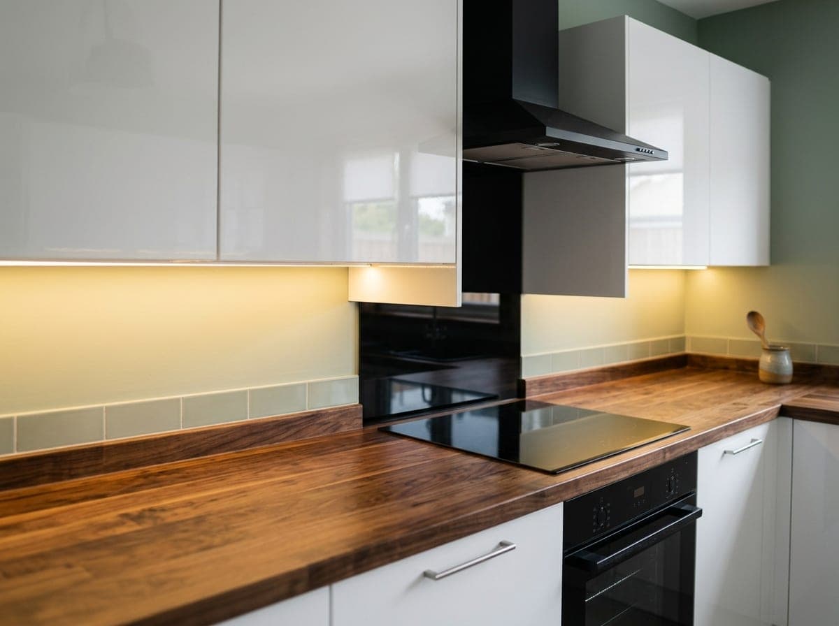 Visualisation : plan de travail noyer éclairé par un bandeau LED